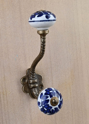 Elegant Blue Floral Pattern On White Knob With Metal Wall Hanger