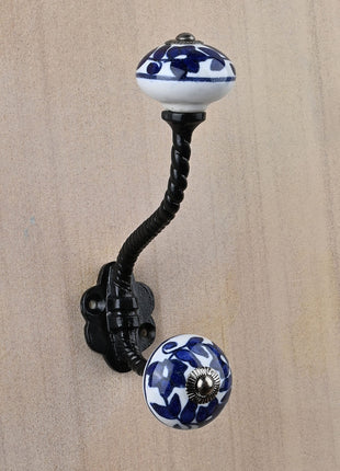 Elegant Blue Floral Pattern On White Knob With Metal Wall Hanger