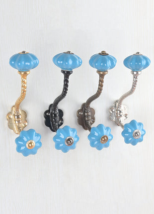 Turquoise Handmade Flower Shaped Ceramic  Knob With Metal Wall Hanger