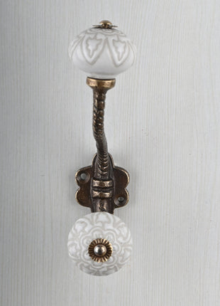 Antique White Ceramic Embossed Knob With Metal Wall Hanger