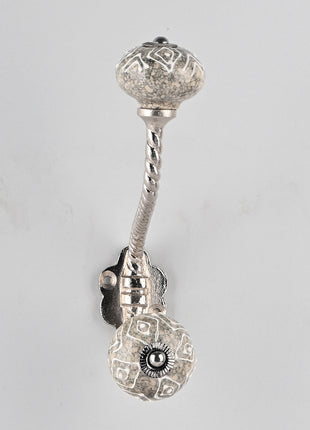 Designer Cracked Grey Ceramic White Embossed Knob With Metal Wall Hanger