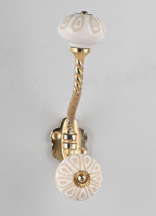 White Ceramic Designer Embossed Dresser Knob With Metal Wall Hanger
