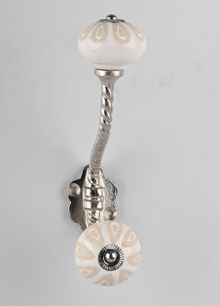 White Ceramic Designer Embossed Dresser Knob With Metal Wall Hanger