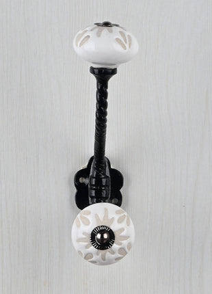 White Ceramic Embossed Floral Design Knob With Metal Wall Hanger