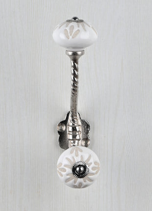 White Ceramic Embossed Floral Design Knob With Metal Wall Hanger