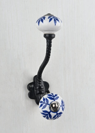 White Blue Petals Ceramic Knob With Metal Wall Hanger