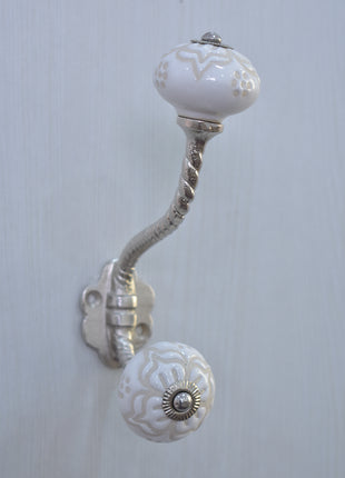 Emmbossed White Ceramic Cabinet Knob With Metal Wall Hanger