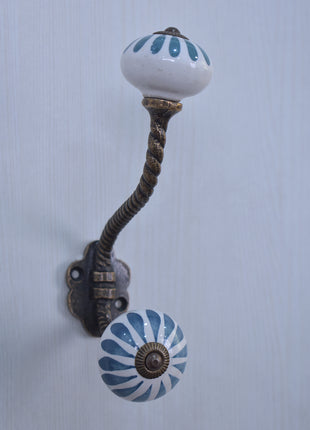 Turquoise Flower On White Ceramic Cabinet Knob With Metal Wall Hanger
