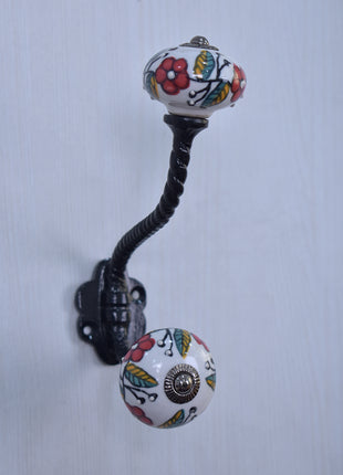 Red Flower On White Ceramic Cabinet Knob With Metal Wall Hanger