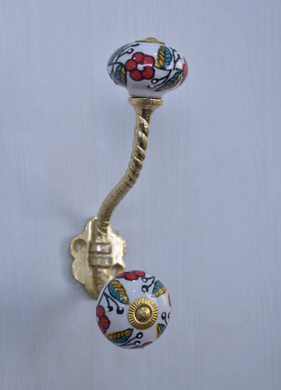 Red Flower On White Ceramic Cabinet Knob With Metal Wall Hanger