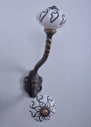 Black Flower and Leaf On White Base Ceramic Knob - Metal Wall Hanger