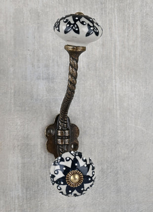 Vintage Black Floral Print On White Cerami Knob With Metal Wall Hanger