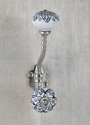 Unique Black Floral Design On White Ceramic Knob With Metal Wall Hanger