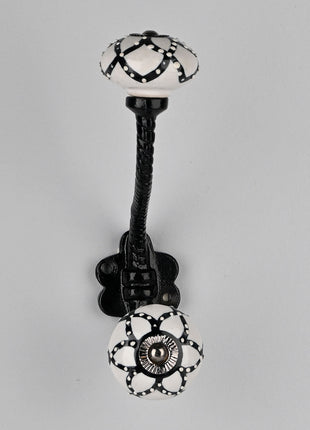 Designer Black Flower On White Ceramic Knob With Metal Wall Hanger