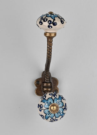 Unique Turquoise Flower On White Ceramic Knob With Metal Wall Hanger