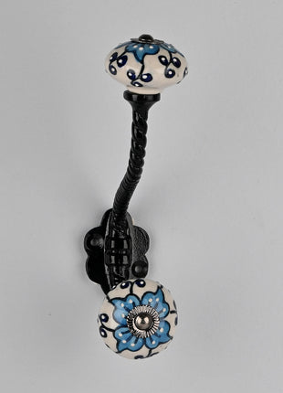 Unique Turquoise Flower On White Ceramic Knob With Metal Wall Hanger