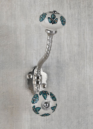 Teal Color Flowers And Petals On White Ceramic Knob With Metal Wall Hanger