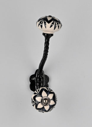 White Round Ceramic Knob Black Floral Print With Metal Wall Hanger
