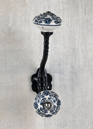 Stylish Black Embossed Floral Print On White Ceramic Knob