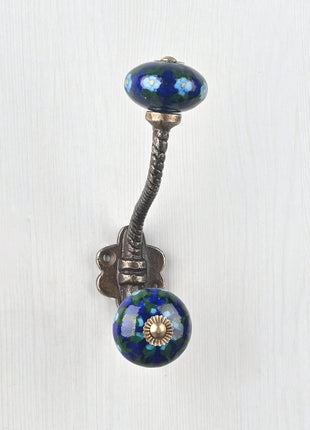 Turquoise Flower And Leaf Design On Blue Ceramic Knob With Metal Wall Hanger