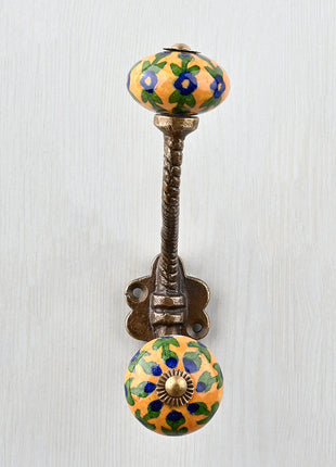 Blue Flower And Leaf Design On Yellow Knob With Metal Wall Hanger
