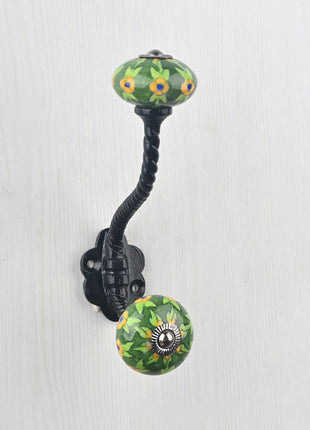 Green Color Floral Print Knob With Metal Wall Hanger