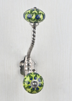 Blue Flower and Green Leaf with Lime Green Base Knob With Metal Wall Hanger