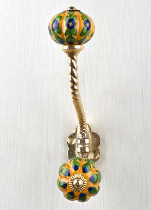Multicolor Flower And Leaf Design On Yellow Knob With Metal Wall Hanger
