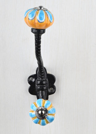 Turquoise Flower With Yellow Base Melon Shaped Knob With Metal Wall Hanger