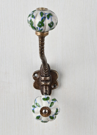 White Ceramic Melon Shaped Knob Green Design With Metal Wall Hanger