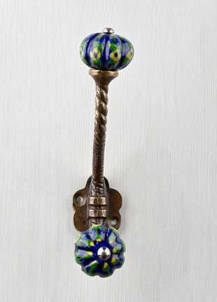 Yellow Flower and Green Leaves with Blue Base Knob With Metal Wall Hanger