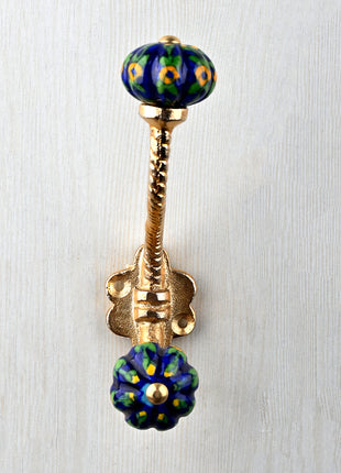 Yellow Flower and Green Leaves with Blue Base Knob With Metal Wall Hanger
