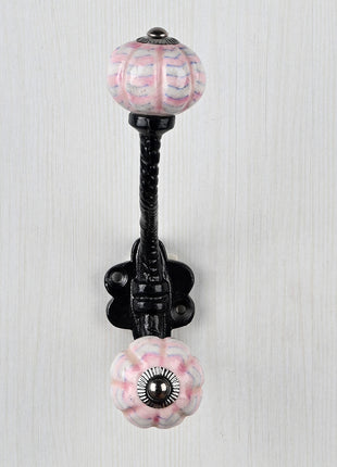 White Melon Shaped Knob Pink Spiral Design With Metal Wall Hanger