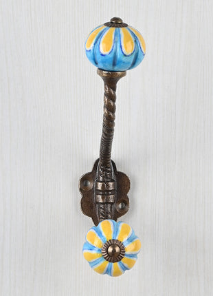 Yellow Flower On Turquoise Base Melon Shaped Knob With Metal Wall Hanger