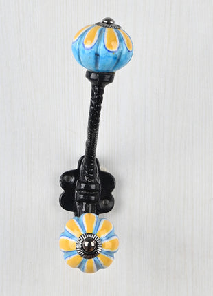 Yellow Flower On Turquoise Base Melon Shaped Knob With Metal Wall Hanger
