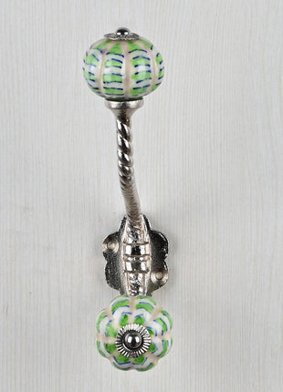 White Ceramic Melon Shaped Knob Green Design With Metal Wall Hanger
