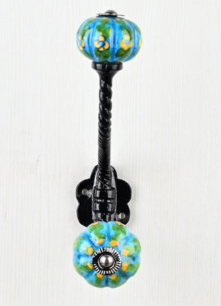 Yellow Flower and Green Leafs with Turquoise Base Knob With Metal Wall Hanger