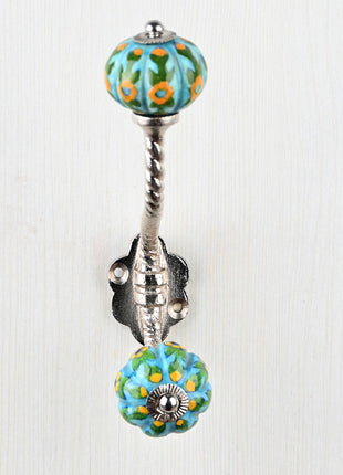 Yellow Flower and Green Leafs with Turquoise Base Knob With Metal Wall Hanger