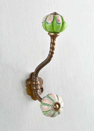 Green and Pink Ceramic Knob With Metal Wall Hanger