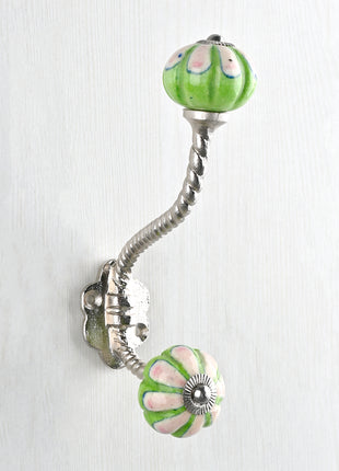 Green and Pink Ceramic Knob With Metal Wall Hanger