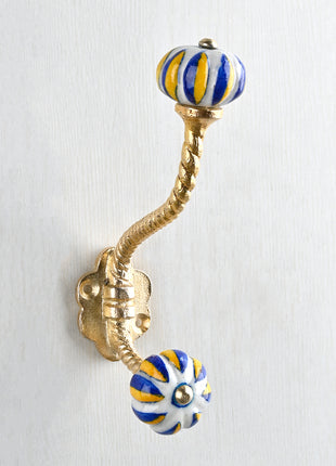 Yellow and Blue Ceramic Knob With Metal Wall Hanger