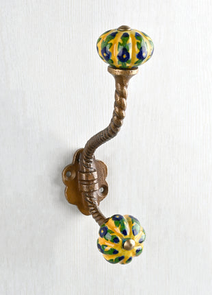 Yellow Base and Blue Flower Knob With Metal Wall Hanger