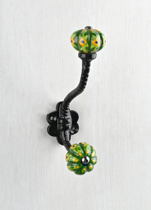 Green Base and Yellow Flower knob with Metal Wall Hanger