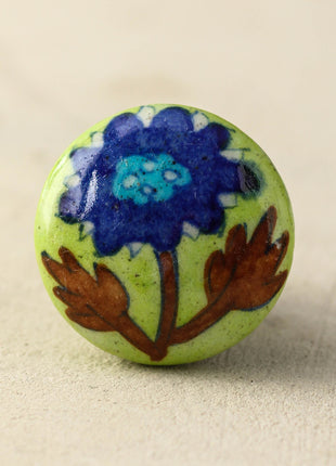 Light Green Ceramic Blue Pottery Drawer Knob With Blue Flower