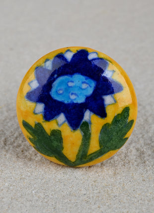 Yellow Ceramic Blue Pottery Dresser Cabinet Knob with Blue Flower