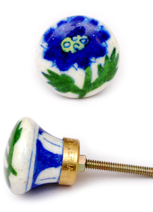White Ceramic Blue Pottery Drawer Knob with Blue Flower