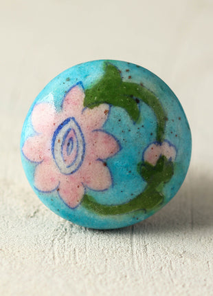 Turquoise Ceramic Blue Pottery Door Knob With Pink And Green Floral Print