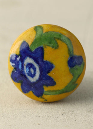 Yellow Ceramic Drawer Knob With Hand Painted Blue And Green Floral Print