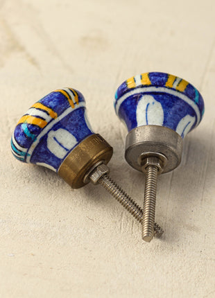 Handmade Blue Ceramic Door Knob With Multicolor Stripes