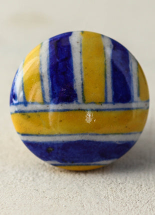 Yellow And Blue Stripes On White Ceramic Drawer Knob
